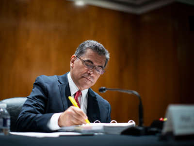 Xavier Becerra, Secretary of Health and Human Services, takes notes during a Senate Appropriations Subcommittee hearing on June 9, 2021, at the U.S. Capitol in Washington, D.C.