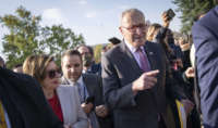 Speaker of the House Nancy Pelosi and Senate Majority Leader Chuck Schumer leave a news conference with House Democrats about the Build Back Better legislation, outside of the U.S. Capitol on November 17, 2021, in Washington, D.C.