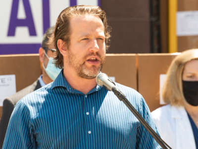 Joe Sanberg speaks at a press conference at LA County + USC Medical Center on April 14, 2020, in Los Angeles, California.