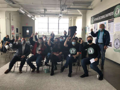 Starbucks workers wait for the vote count by the National Labor Relations Board on December 9, 2021.