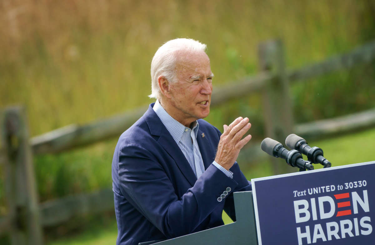 Democratic presidential nominee Joe Biden speaks about climate change and the wildfires on the West Coast at the Delaware Museum of Natural History on September 14, 2020, in Wilmington, Delaware.