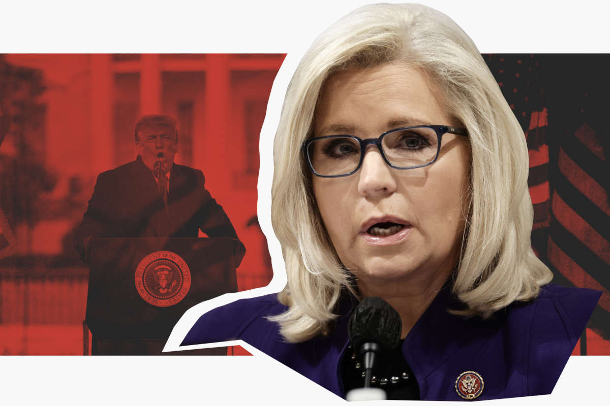Photo of Rep. Liz Cheney overlaid on image of Then-President Donald Trump speaking in front of White House on January 6, 2021