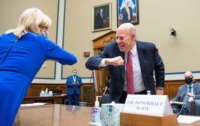 U.S. Postal Service Postmaster General Louis DeJoy greets Chairwoman Carolyn Maloney at the Rayburn House Office Building on August 24, 2020, in Washington, D.C.