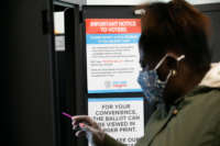 A woman votes at a booth