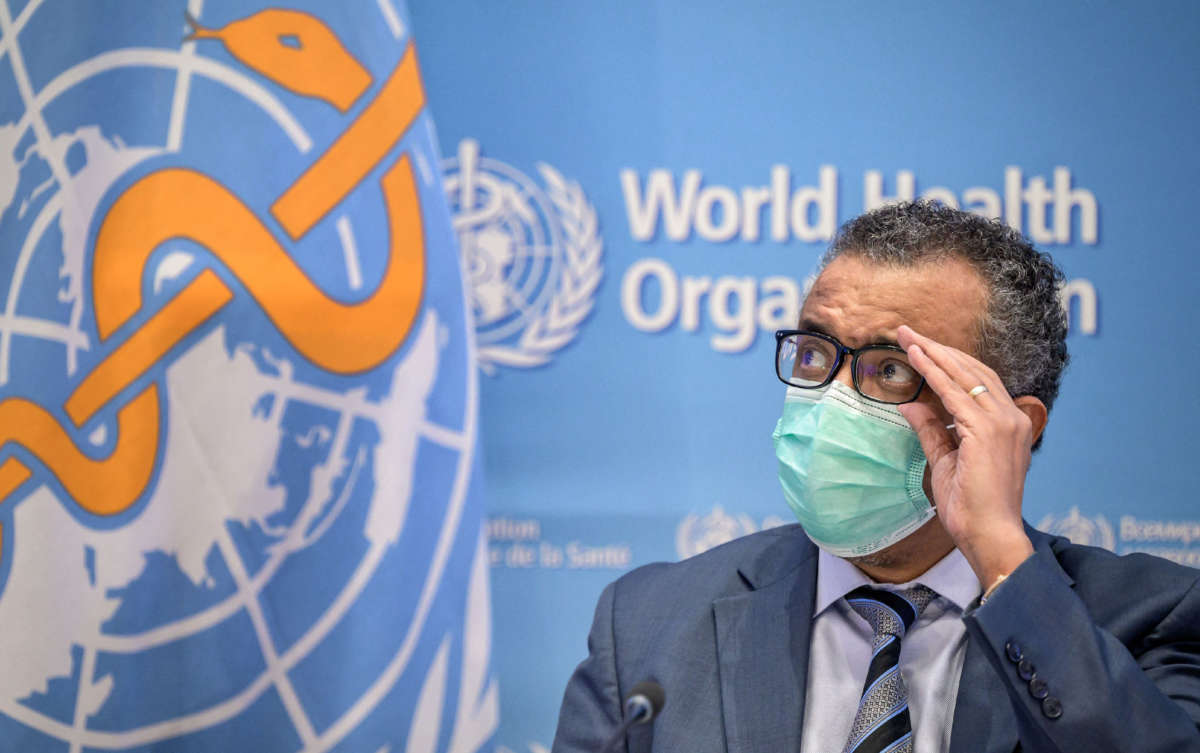 World Health Organization (WHO) Director-General Tedros Adhanom Ghebreyesus attends a press conference on December 20, 2021, at the WHO headquarters in Geneva.