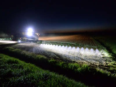 A French farmer sprays glyphosate herbicide "Roundup 720" made by agrochemical giant Monsanto in Piacé in northwestern France, on April 23, 2021.