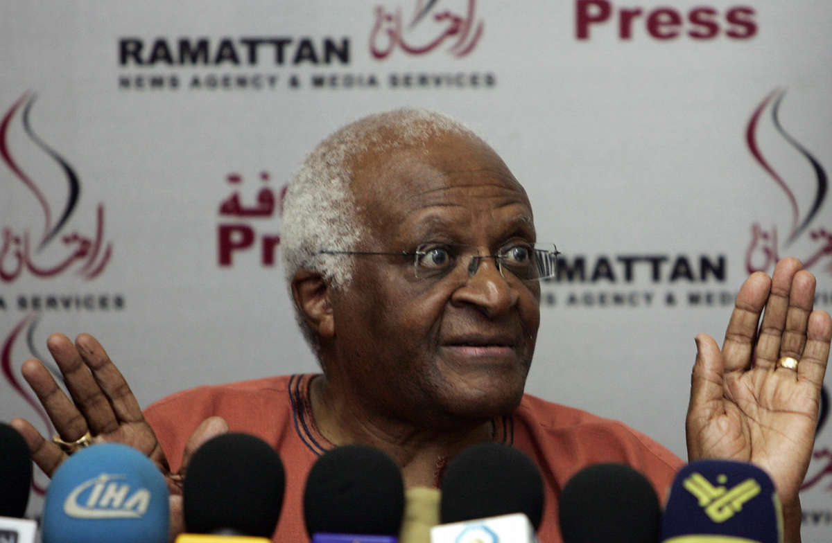 Nobel Peace Prize laureate Desmond Tutu speaks during a press conference in Gaza City, on May 29, 2008, at the end of a fact finding mission to the impoverished and besieged coastal territory.