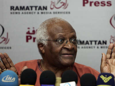 Nobel Peace Prize laureate Desmond Tutu speaks during a press conference in Gaza City, on May 29, 2008, at the end of a fact finding mission to the impoverished and besieged coastal territory.