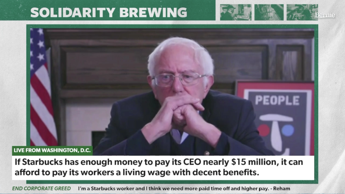Independent Vermont Sen. Bernie Sanders listens during a virtual town hall-style event with Starbucks Workers United organizing committee members on December 6, 2021.