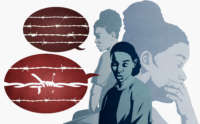 Illustration of three Black women prisoners - one covers her mouth, the other speak with their dialogue balloons wrapped in barbed wire