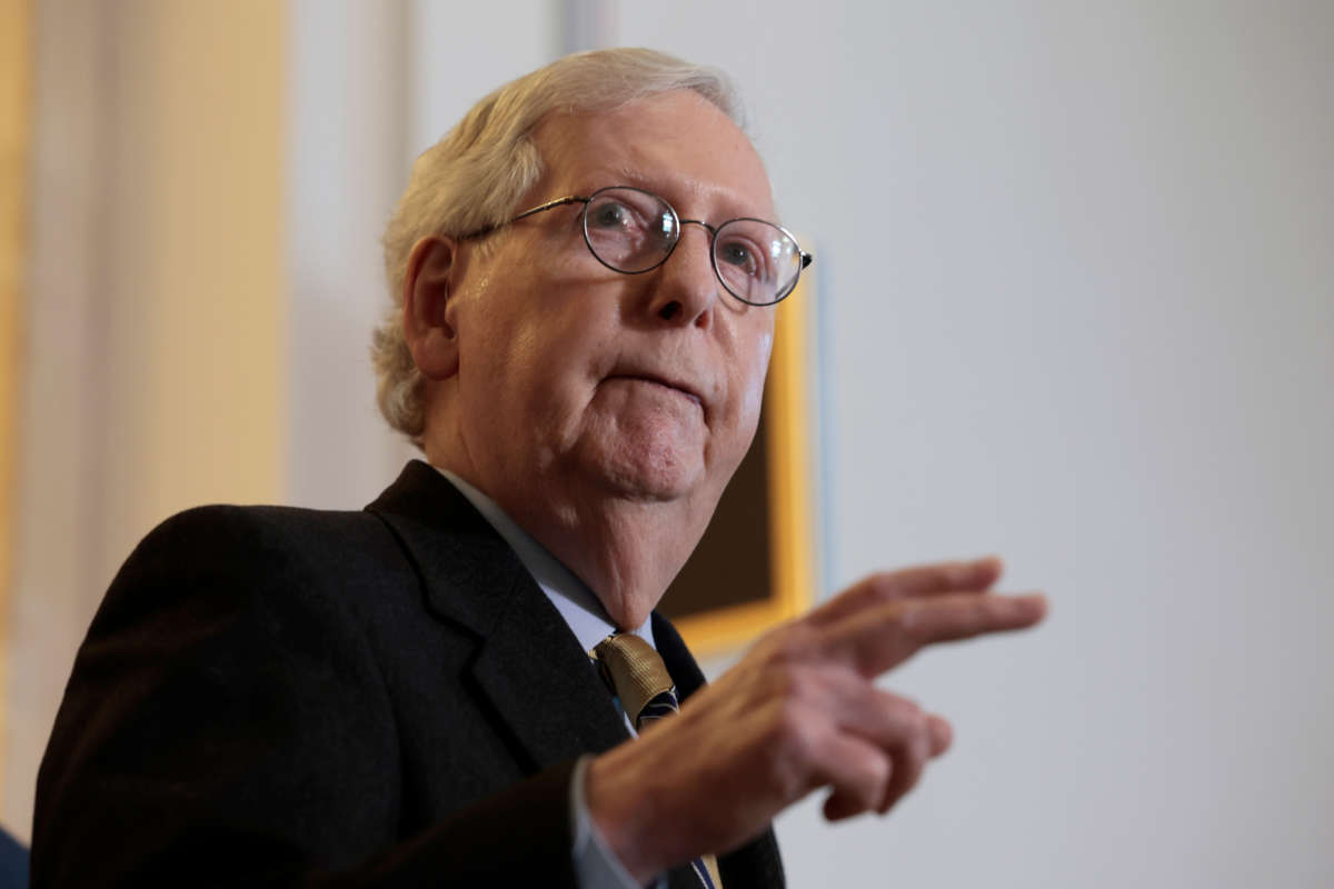 Senate Minority Leader Mitch McConnell speaks to reporters following a Senate Republican Policy Luncheon on Capitol Hill on January 4, 2022, in Washington, D.C.