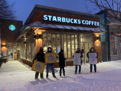 Workers from the Elmwood Starbucks are pictured on day 2 of their walkout on January 6, 2022.