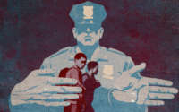 Illustration of police officer with giant hands boxing in and leading two students