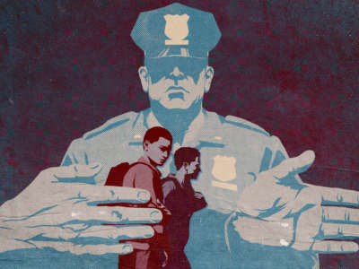 Illustration of police officer with giant hands boxing in and leading two students