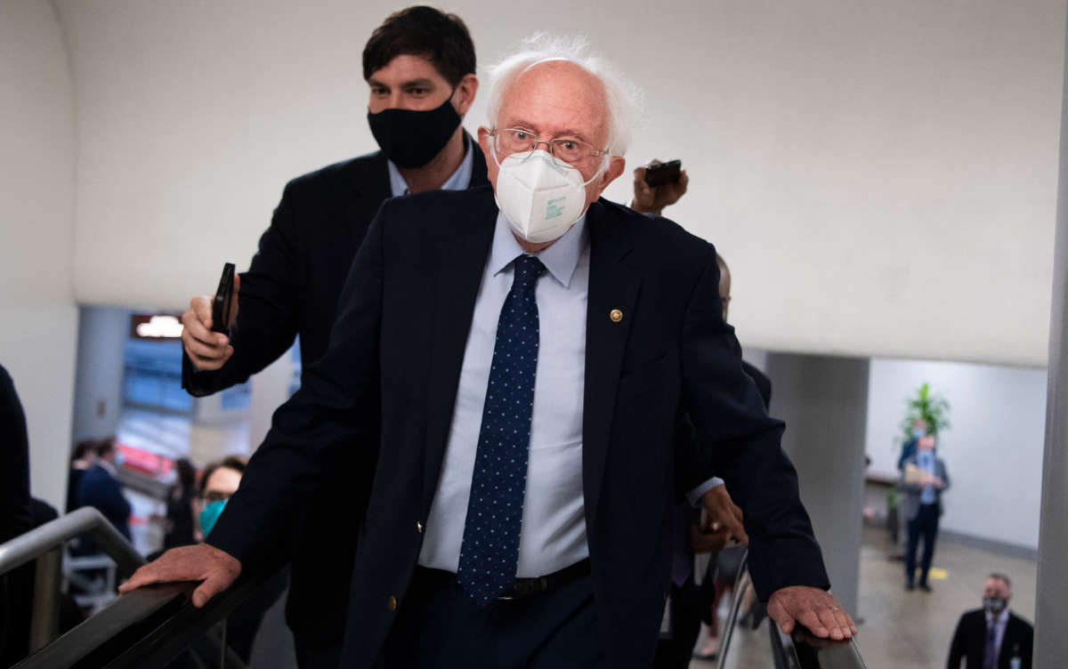 Sen. Bernie Sanders makes his way to the Senate Demcrats luncheon on October 19, 2021.