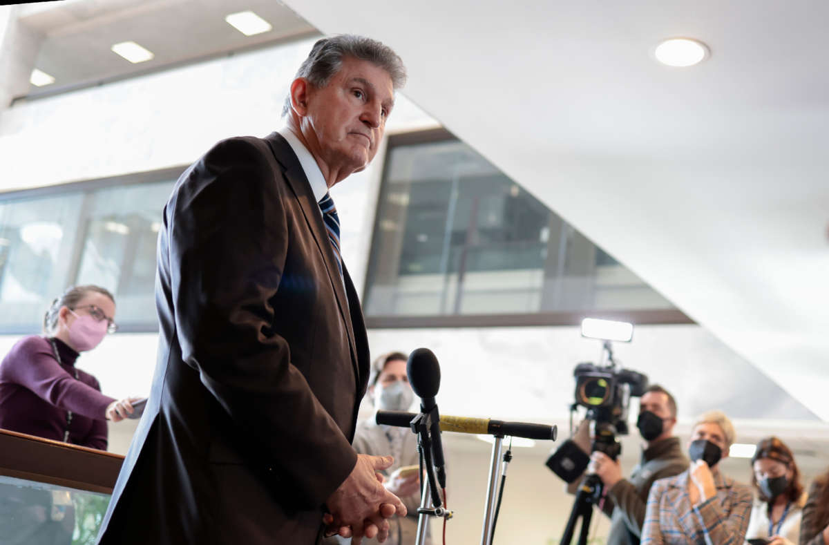 Sen. Joe Manchin speaks to reporters outside of his office on Capitol Hill on January 4, 2022, in Washington, D.C.