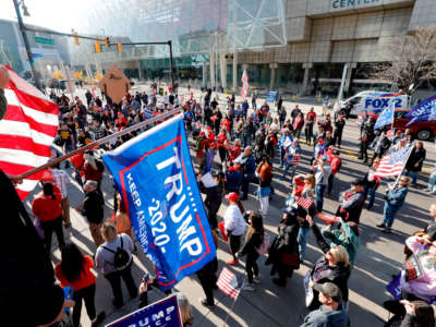 Trump supporters demonstrate outside of the TCF Center to protest the counting of votes for the 2020 general election on November 6, 2020, in Detroit, Michigan.