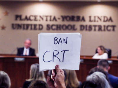 A person holds a sign reading "BAN CRT" during a school board meeting