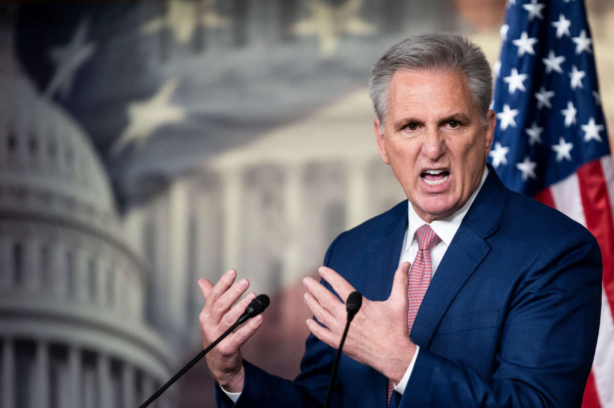 House Minority Leader Kevin McCarthy holds his weekly news conference in the Capitol on January 13, 2022.