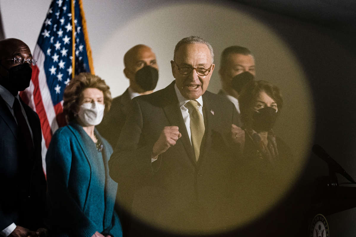Senate Majority Leader Chuck Schumer speaks during a news conference following a Senate democratic caucus meeting on voting rights and the filibuster on Capitol Hill on January 18, 2022, in Washington, D.C.