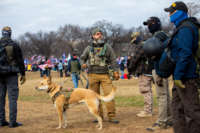 Men belonging to the Oath Keepers wearing military tactical gear attend the "Stop the Steal" rally on January 6, 2021, in Washington, D.C.