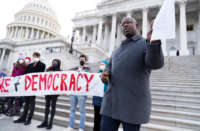 Rep. Jamaal Bowman, D-N.Y holds a rally outside the U.S. Capitol to urge the Senate to pass voting rights legislation on January 19, 2022.