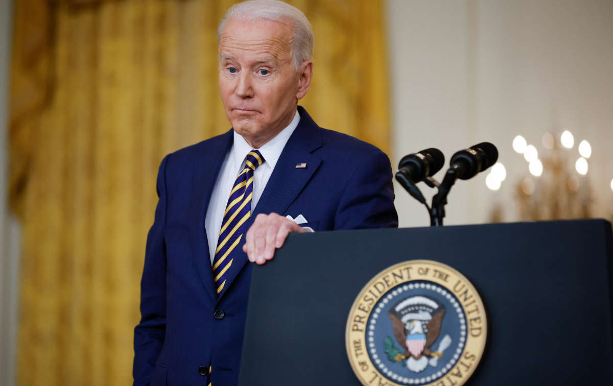 President Joe Biden answers questions during a news conference in the East Room of the White House on January 19, 2022, in Washington, D.C.