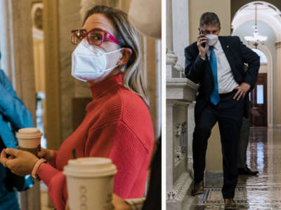Sens. Kyrsten Sinema and Joe Manchin are seen on Capitol Hill on Januaru 19, 2022, in Washington, D.C.
