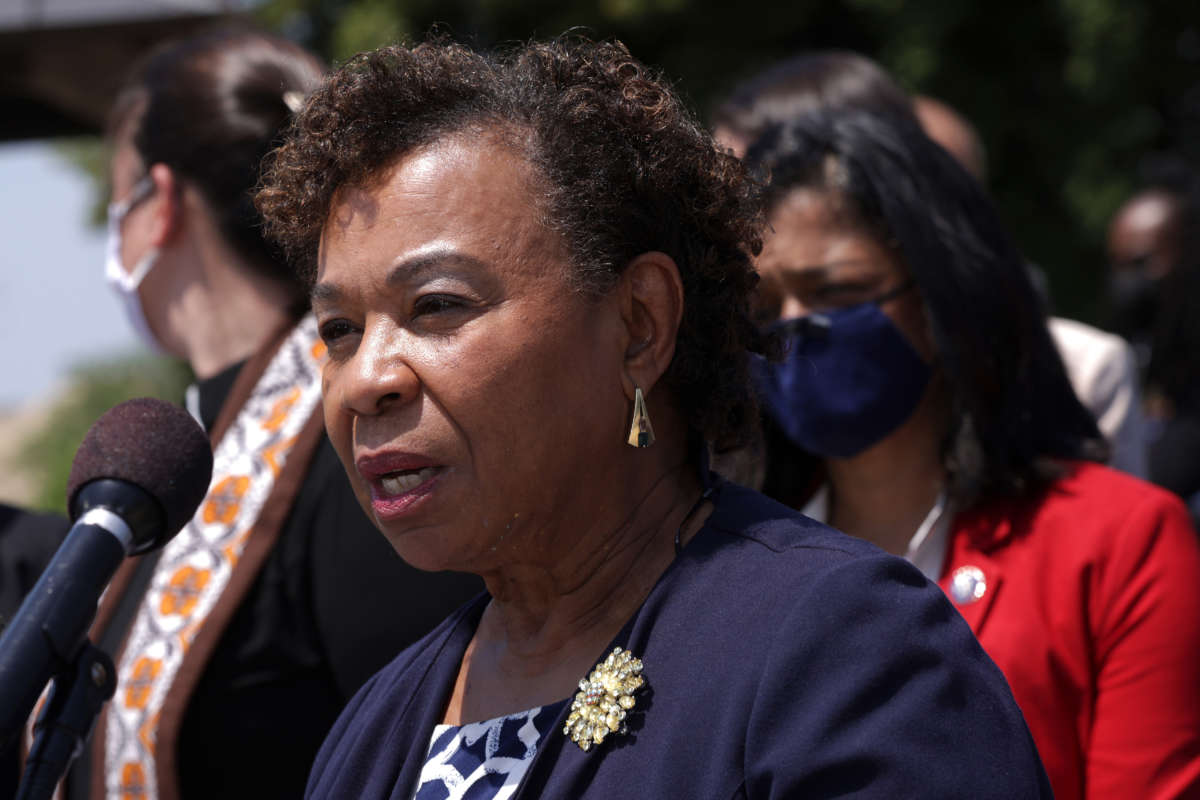 Rep. Barbara Lee participates in a news conference outside the U.S. Capitol on May 20, 2021, in Washington, D.C.