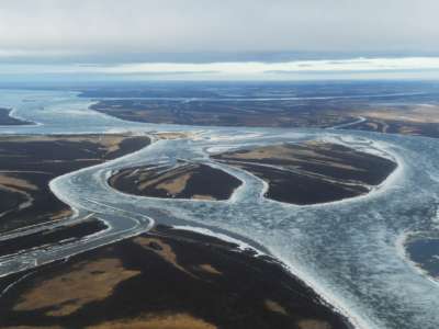 Melting ice on the Kuskokwim River near the town of Bethel on the Yukon Delta in Alaska on April 12, 2019. Bethel is located 73 miles from the proposed mine.