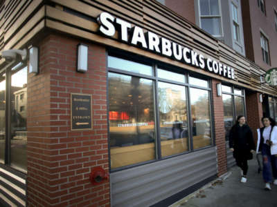A Starbucks store is pictured in the Allston area of Boston, Massachusetts on December 9, 2021.