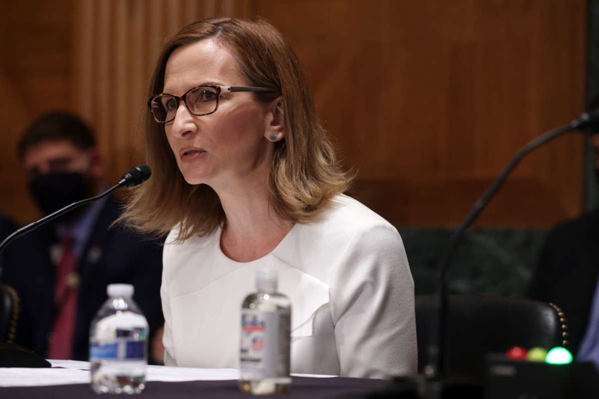 Jelena McWilliams testifies during a hearing before Senate Banking, Housing and Urban Affairs Committee at Dirksen Senate Office Building on August 3, 2021, in Washington, D.C.