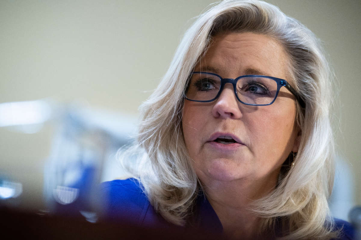 Rep. Liz Cheney testifies during a House Rules Committee meeting on December 2, 2021.