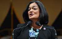 Rep. Pramila Jayapal speaks as members of Congress share their recollections on the first anniversary of the attack on the U.S. Capitol on January 6, 2022, in the Cannon House Office Building in Washington, D.C.