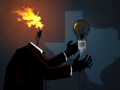 Fossil fuel businessman with oily hands and methane flare head reaches for frozen, dark lightbulb in front of Texas state