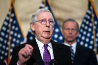 Senate Minority Leader Mitch McConnell speaks during a news conference after a lunch meeting with Senate Republicans on Capitol Hill on February 1, 2022, in Washington, D.C.
