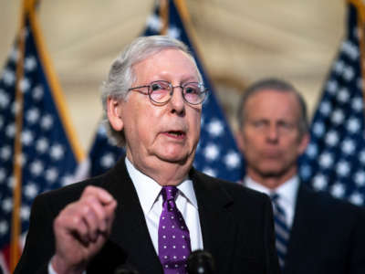 Senate Minority Leader Mitch McConnell speaks during a news conference after a lunch meeting with Senate Republicans on Capitol Hill on February 1, 2022, in Washington, D.C.