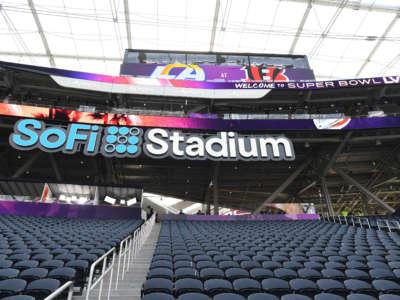The SoFi Stadium logo prior to Super Bowl LVI between the Cincinnati Bengals and the Los Angeles Rams on February 13, 2022, at SoFi Stadium in Inglewood, California.