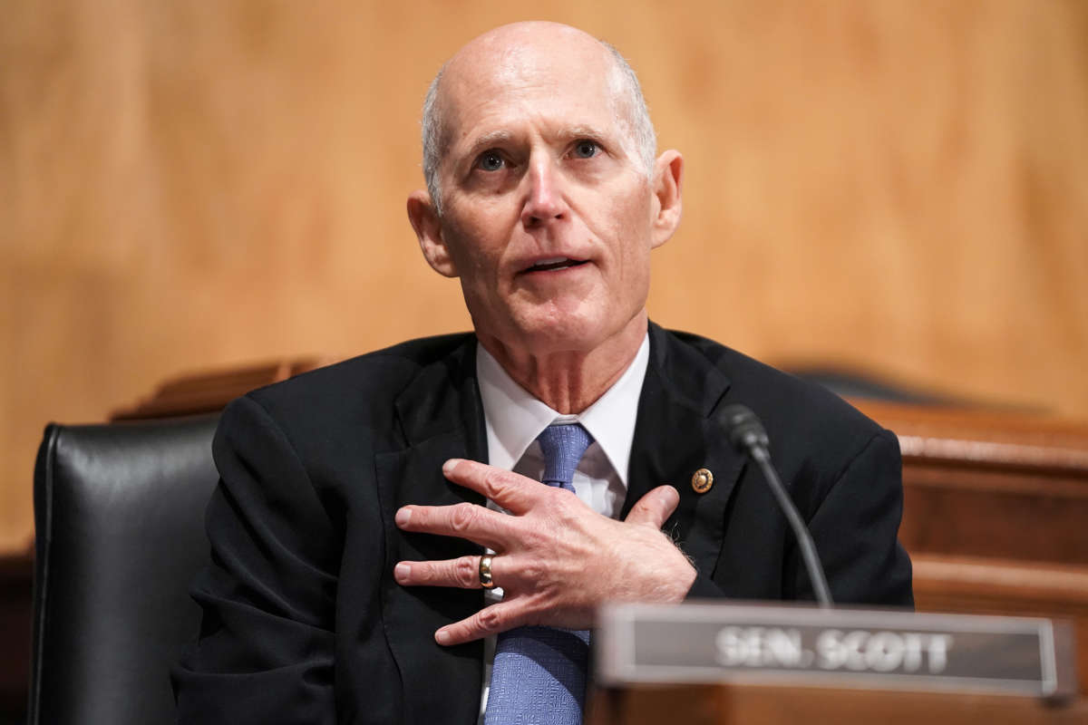 Sen. Rick Scott asks questions during a Senate Homeland Security and Governmental Affairs Committee hearing on December 16, 2020, in Washington, D.C.