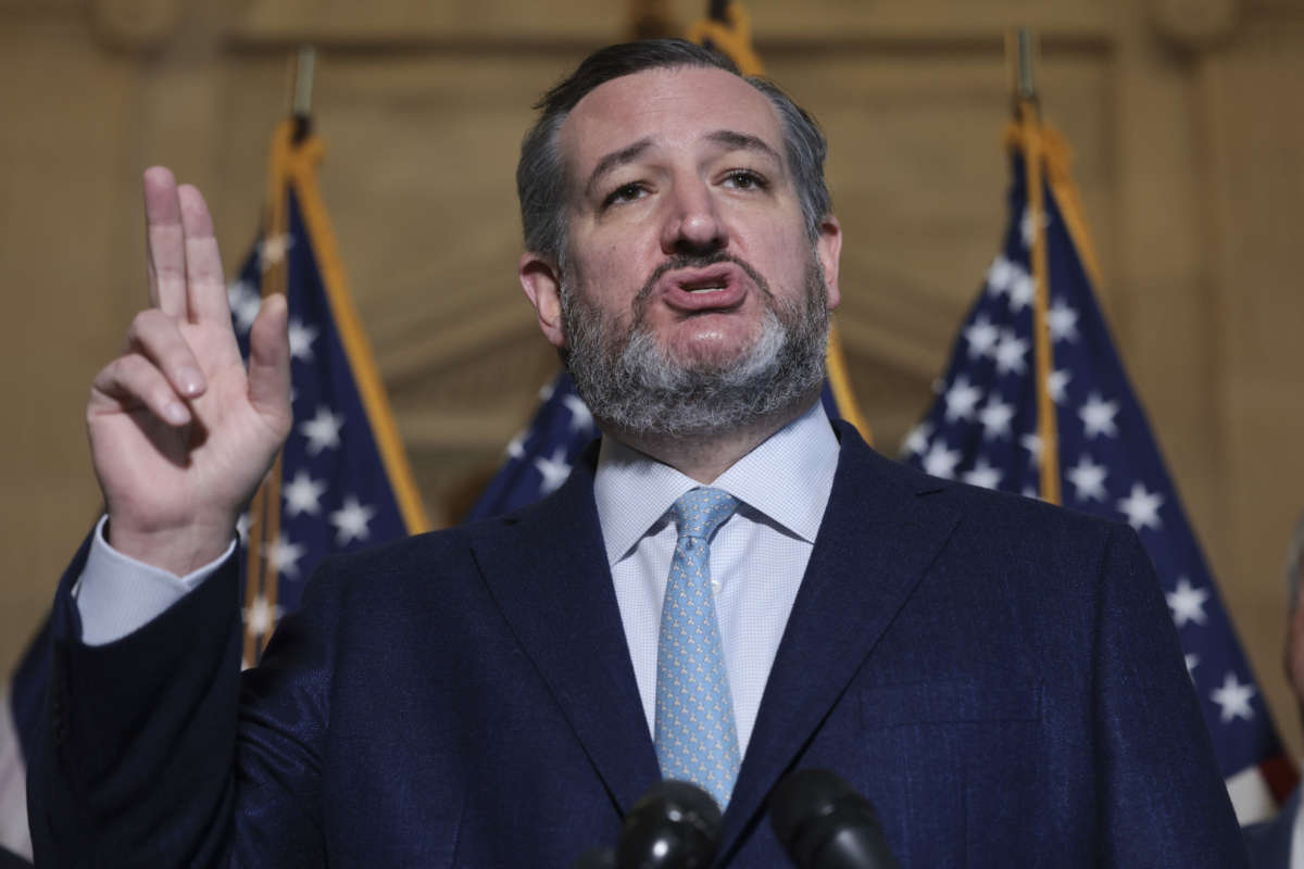 Sen. Ted Cruz (R-Texas) speaks during a press conference on Capitol Hill on February 09, 2022 in Washington, D.C.