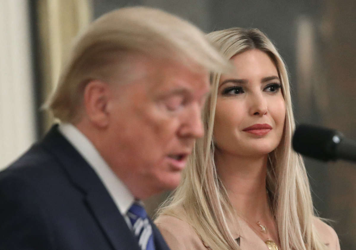 White House advisor Ivanka Trump listens to her father President Donald Trump deliver remarks in the East Room of the White House on April 28, 2020, in Washington, D.C.