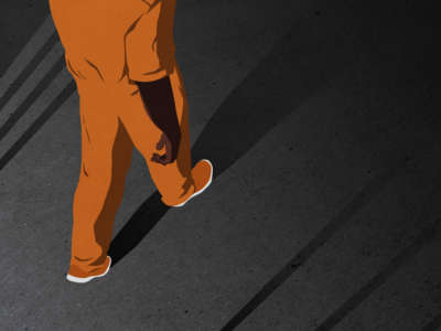 Prisoner in orange jumpsuits walks away from open prison cell bars, all casting long shadows ahead