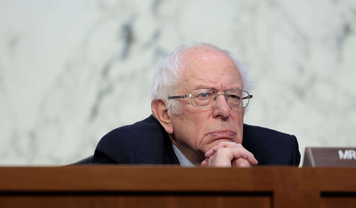 Senate Budget Committee Chairman Bernie Sanders listens during a committee hearing in the Hart Senate Office building on February 17, 2022, in Washington, D.C.