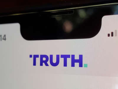 Icon for Truth Social, a social media network promoted in part by former President Donald Trump, on a cellphone screen following the app's launch on February 21, 2022.