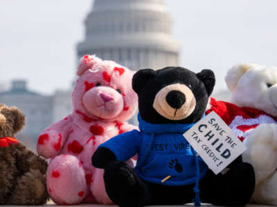 Teddy bears, meant to represent West Virginia children, appear on the National Mall during an event with the Unbearable Campaign to urge Congress to expand the Child Tax Credit on February 2, 2022.