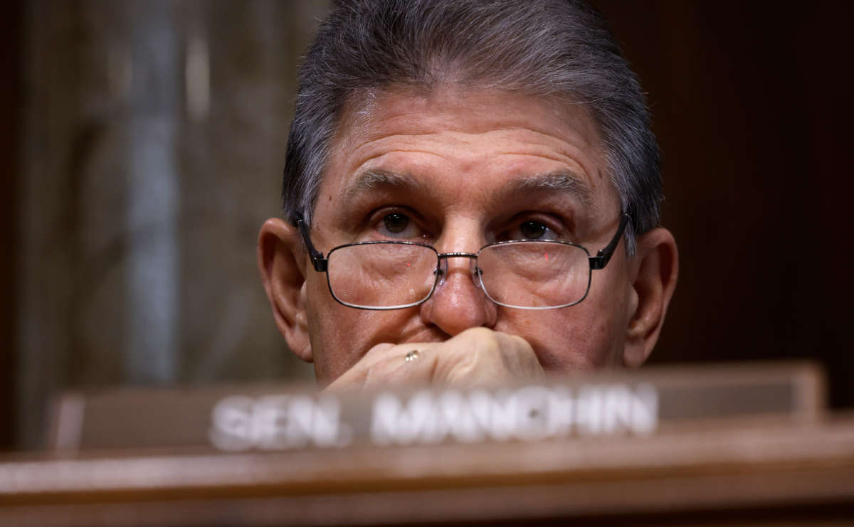 Sen. Joe Manchin questions witnesses during a hearing in the Dirksen Senate Office Building on Capitol Hill on January 11, 2022, in Washington, D.C.