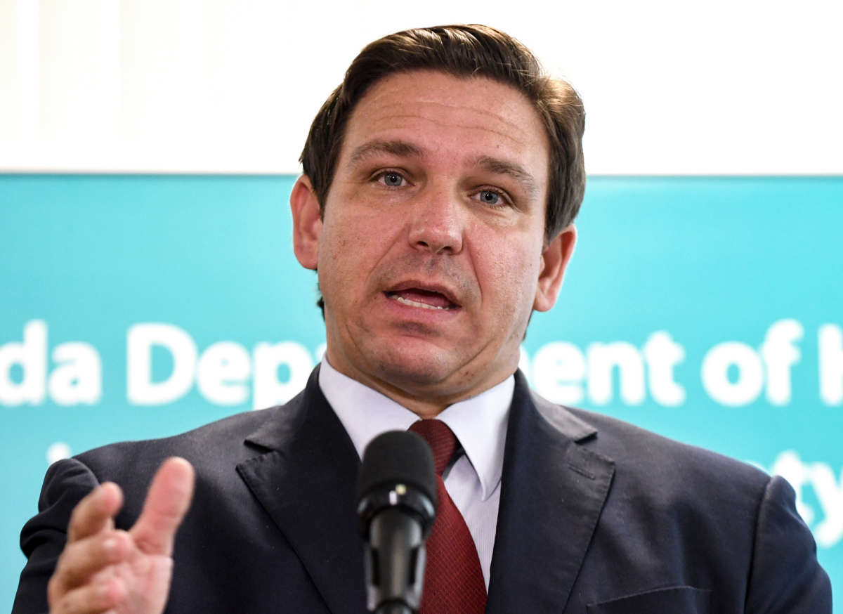 Florida Gov. Ron DeSantis holds a news conference at the Florida Department of Health office in Viera, Florida, on September 1, 2021.
