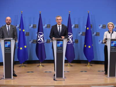NATO Secretary General Jens Stoltenberg, European Council President Charles Michel and European Commission President Ursula von der Leyen hold a news conference at NATO headquarters, after their meeting on Russia's military intervention in Ukraine, on February 24, 2022, in Brussels, Belgium.