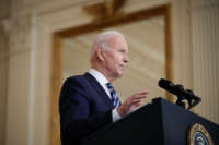 President Joe Biden delivers remarks in the East Room of the White House on February 24, 2022, in Washington, D.C.