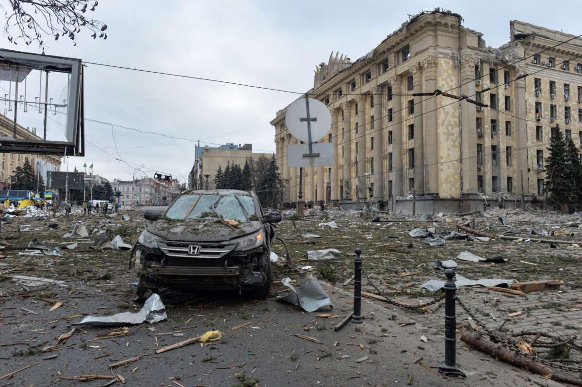 This general view shows the damaged local city hall of Kharkiv on March 1, 2022, destroyed as a result of Russian troop shelling.